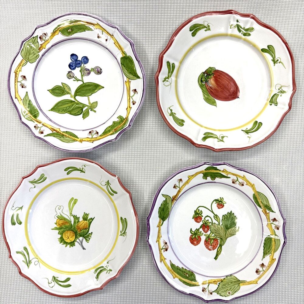 4 Vintage 8" Fruit Theme Plates Hand Painted Deruta Italy by Majilly Art Pottery